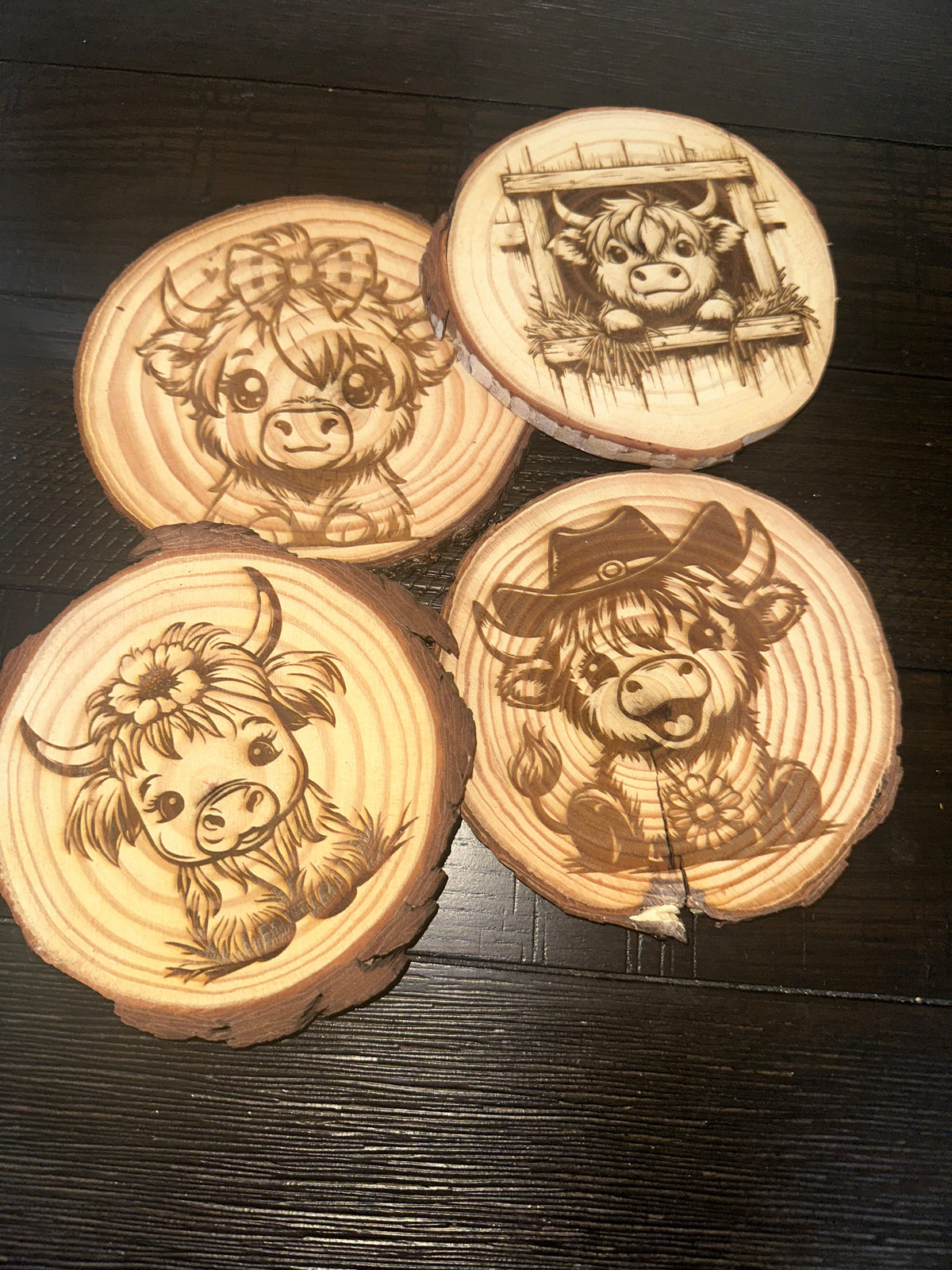 Highland cow wooden coaster set